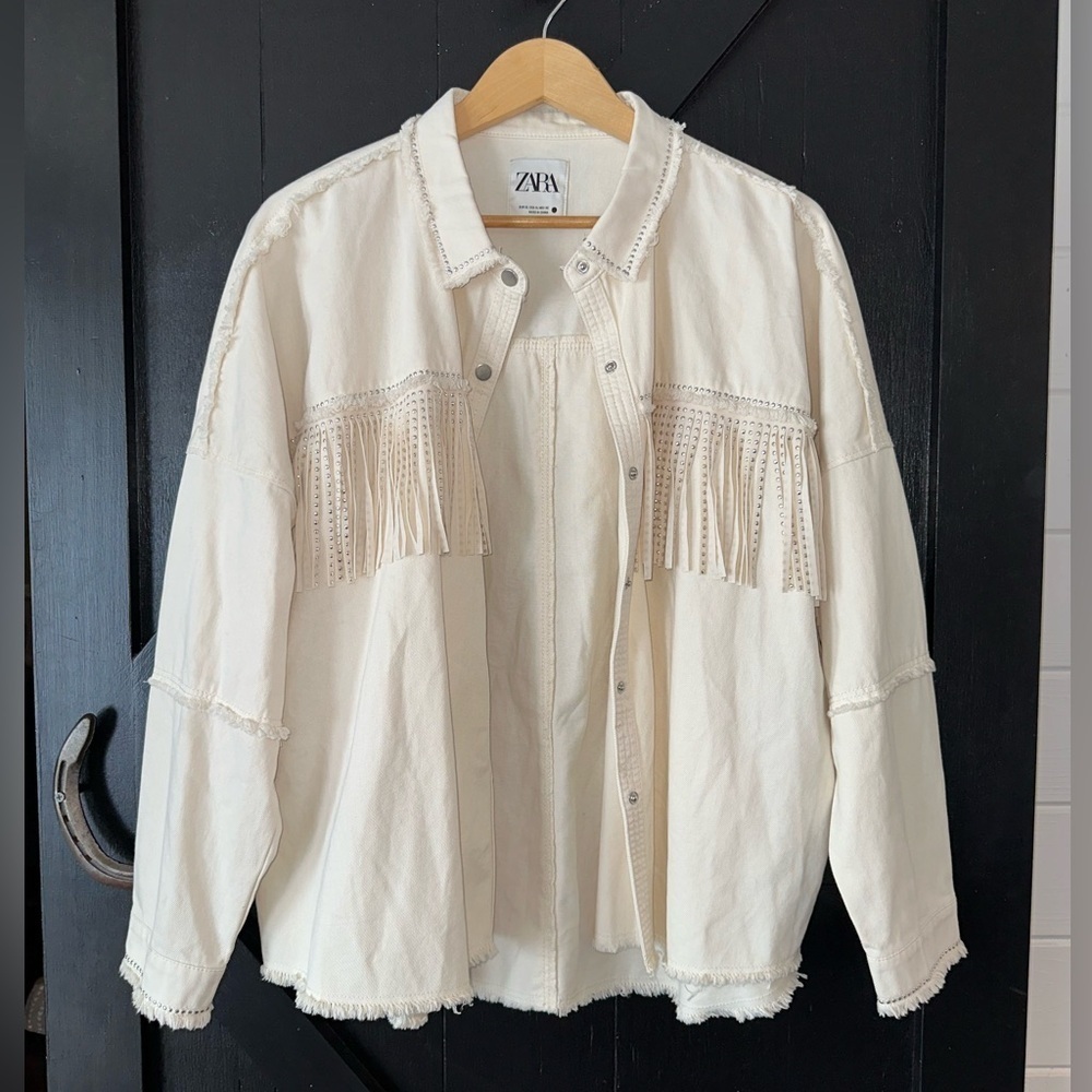 ZARA Cream Fringe Oversized Boxy Rodeo Western Bachelorette Jacket Shacket Sz XL